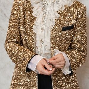 Rich Radiqs Gold Sequin Blazer – Luxury Heavy-Duty Jacket – Size M/ Never Worn